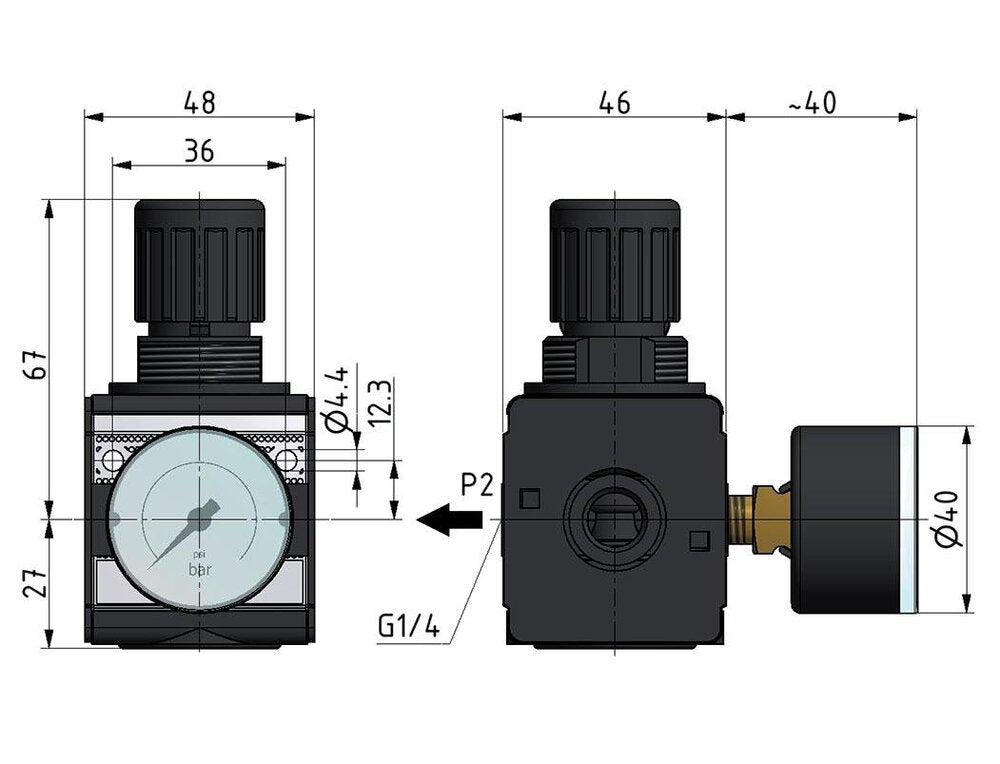 Pressure Regulator for Manifold Assembly G1/4''&3/8'' 2250 l/min 0.5-10.0bar/7-145psi Zinc Die-Cast 40 mm Pressure Gauge Multifix 1