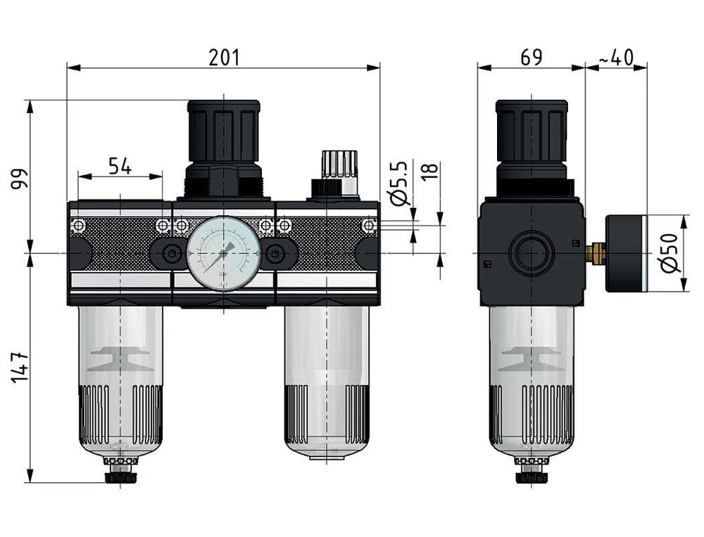 FRL 3 Partes G1/2'' 5800l/min 0.5-10.0bar/7-145psi Auto Policarbonato Multifix 2