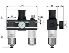 FRL 3 Partes G1/2'' 5800l/min 0.5-10.0bar/7-145psi Auto Policarbonato Multifix 2