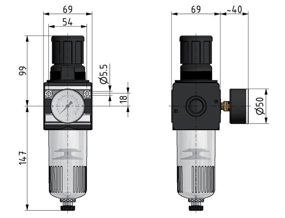 Filtro-regulador G1/2'' 6700l/min 0.1-3.0bar/1-44psi Cierre semiautomático del cilindro E-11 Policarbonato Multifix 2