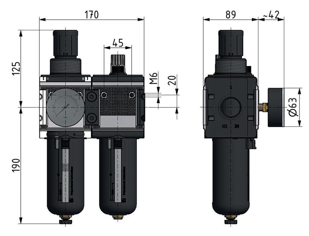 FRL 2 Partes G3/4'' 12000l/min 0.2-6.0bar/3-87psi Semi-Automático Policarbonato Multifix 4