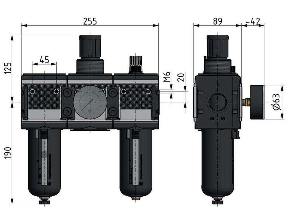 FRL G1'' 12000l/min 0,5-16,0bar/7-232psi Multifix 4