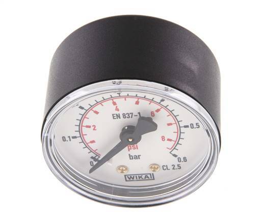 Manómetro 0..0.6 Bar (0.9 psi) Plástico trasero / latón 50 mm Clase 2.5