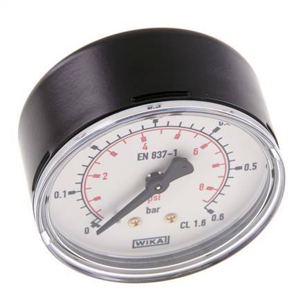 0..0.6 Bar (0..9 psi) Pressure Gauge Rear Steel/Brass 63 mm Class 1.6