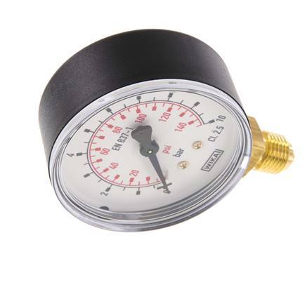 0..10 Bar (0..145 psi) Manómetro por debajo de plástico / latón 63 mm Clase 2.5