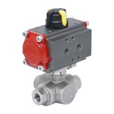 Válvula de Bola Neumática de Acero Inoxidable 3 Vías Rp 1-1/2'' L-Port Doble Efecto