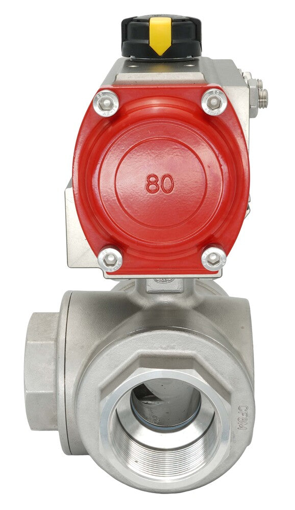 3-Way Pneumatic Ball Valve G2'' T-bore Brass Spring Opening