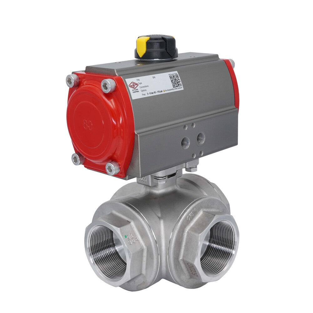 3-Way Pneumatic Ball Valve G1'' L-bore Stainless Steel Double Acting