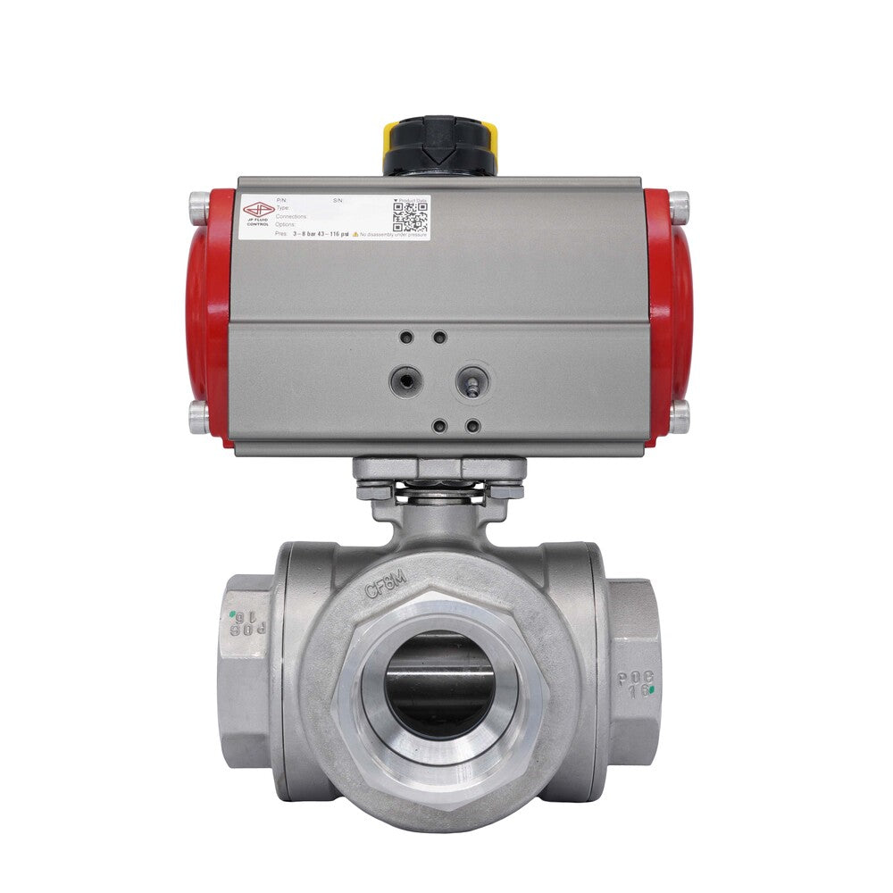 3-Way Pneumatic Ball Valve G2 1/2'' L-bore Stainless Steel Spring Opening