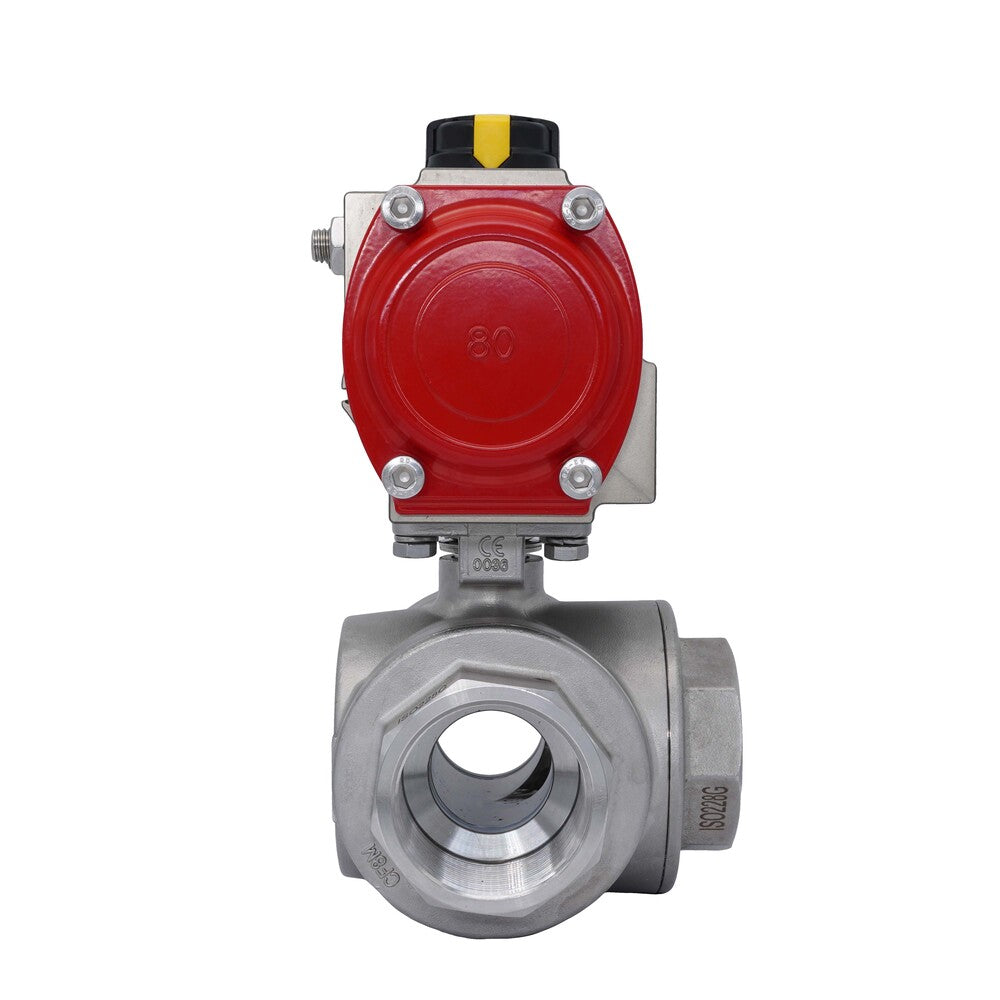 3-Way Pneumatic Ball Valve G2'' T-bore Stainless Steel Spring Opening