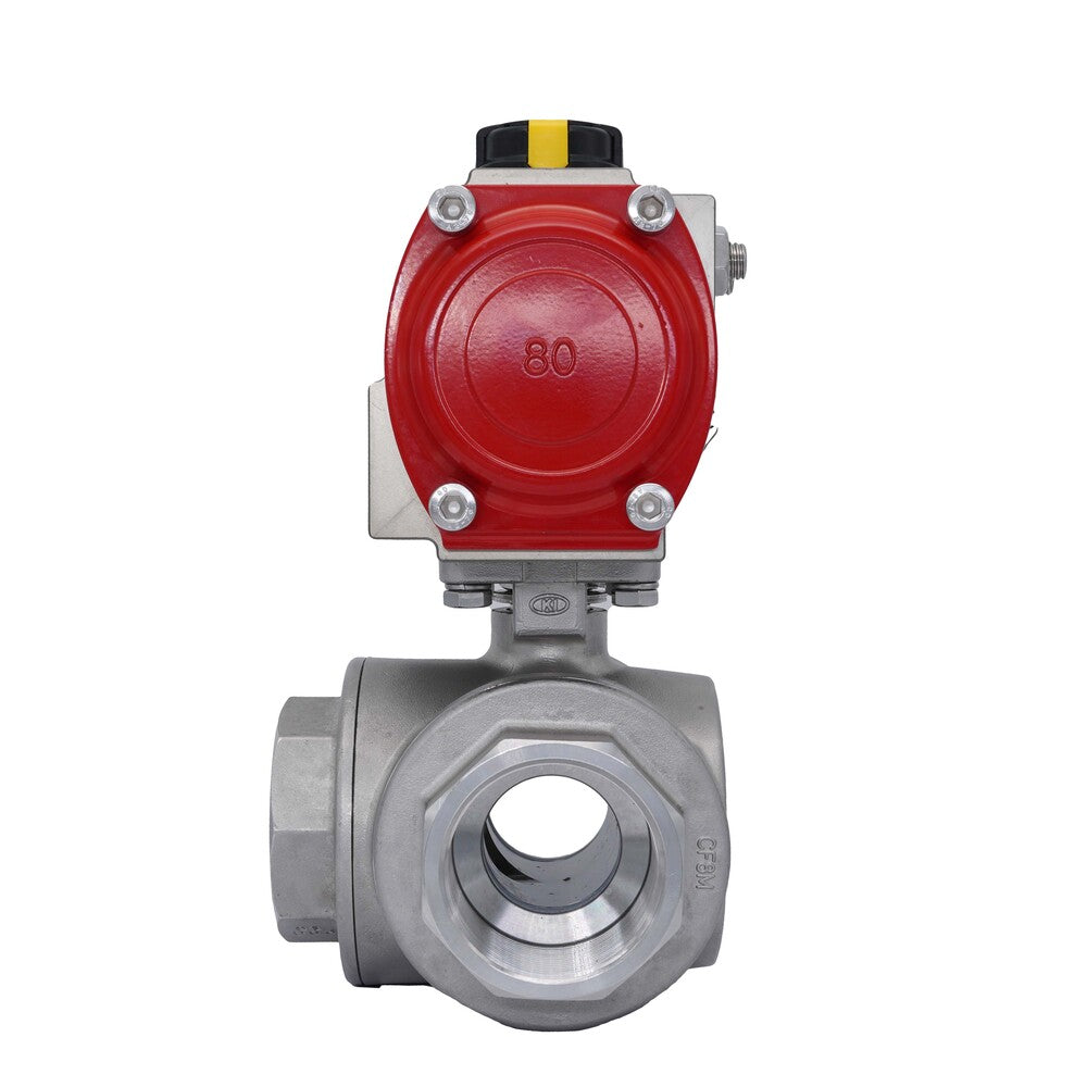 3-Way Pneumatic Ball Valve G2'' T-bore Stainless Steel Spring Opening