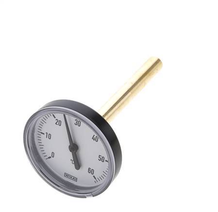 0 to +60°C Plastic Bimetallic Thermometer 63mm Cabinet 100mm Stem with Thermowell